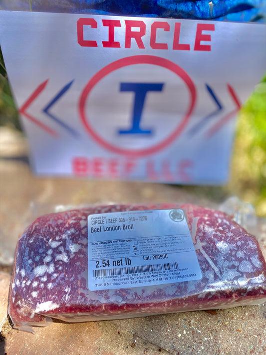 Packaged beef London broil with Circle I Beef LLC logo in the background
